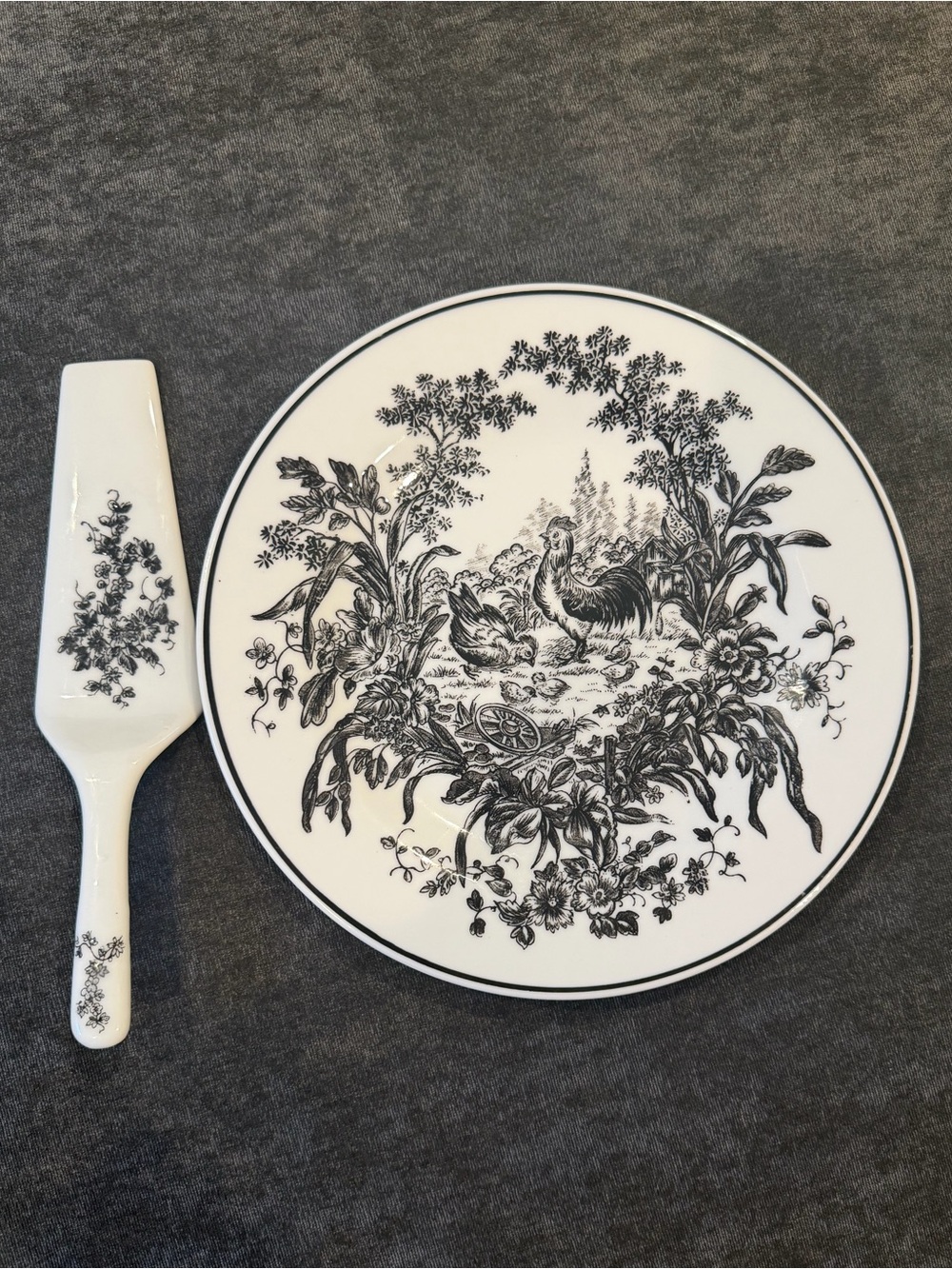 Formalities by Baum Bros Ceramic Black & White Rooster Cake Plate with Server
